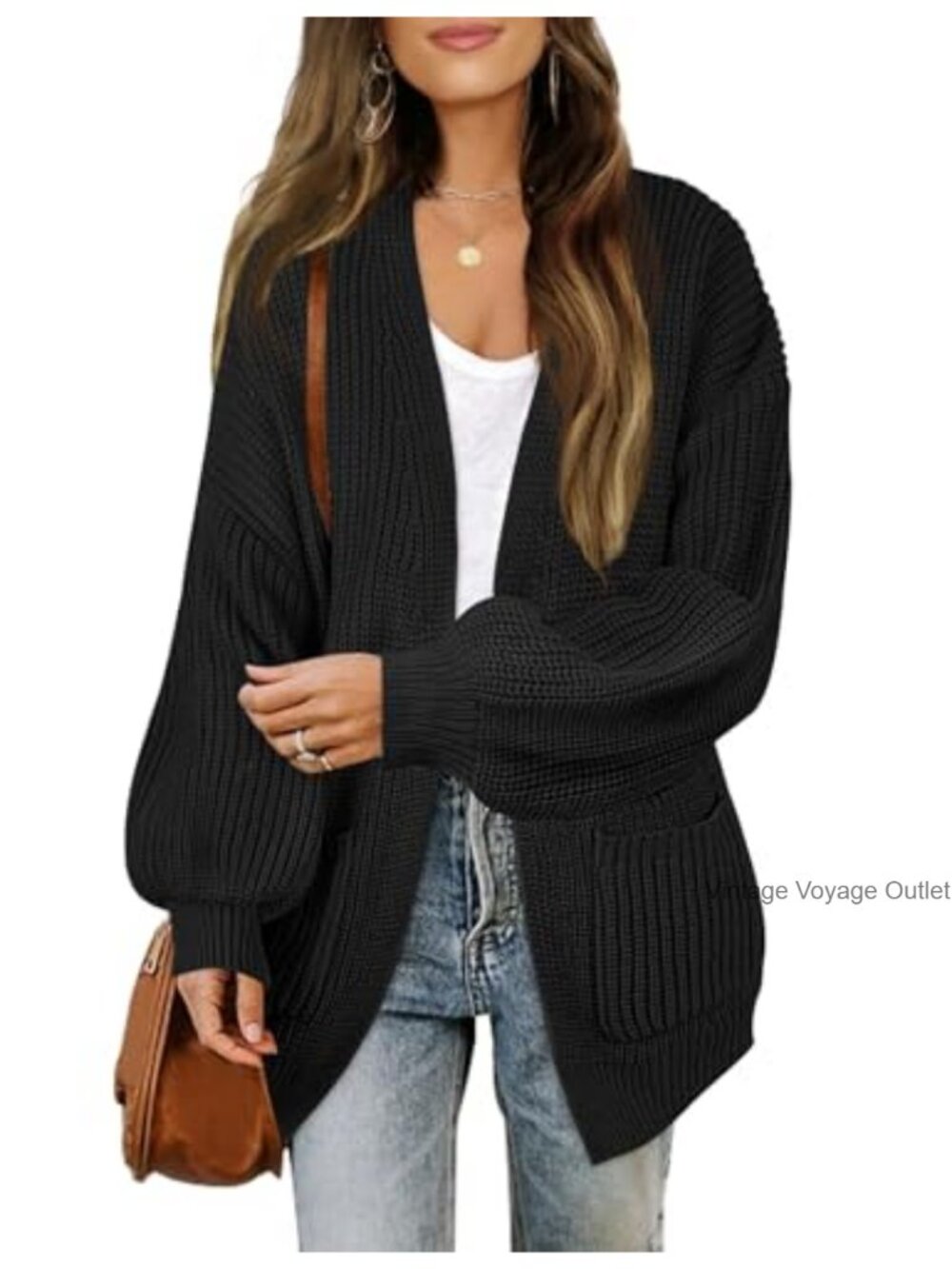 Oversized Lantern Sleeve Open Front Cardigan Knit Women